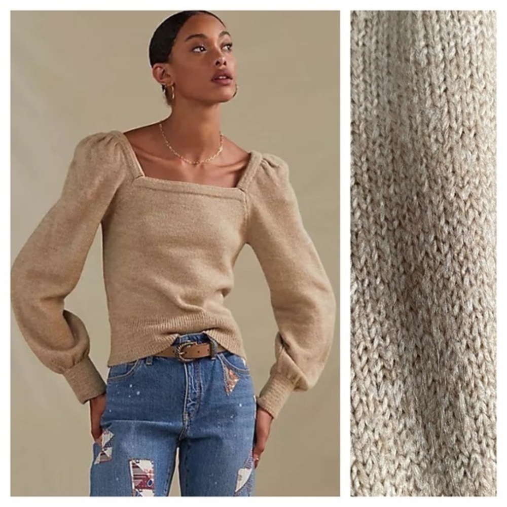 Anthropologie Tan Puff Sleeve Sweater